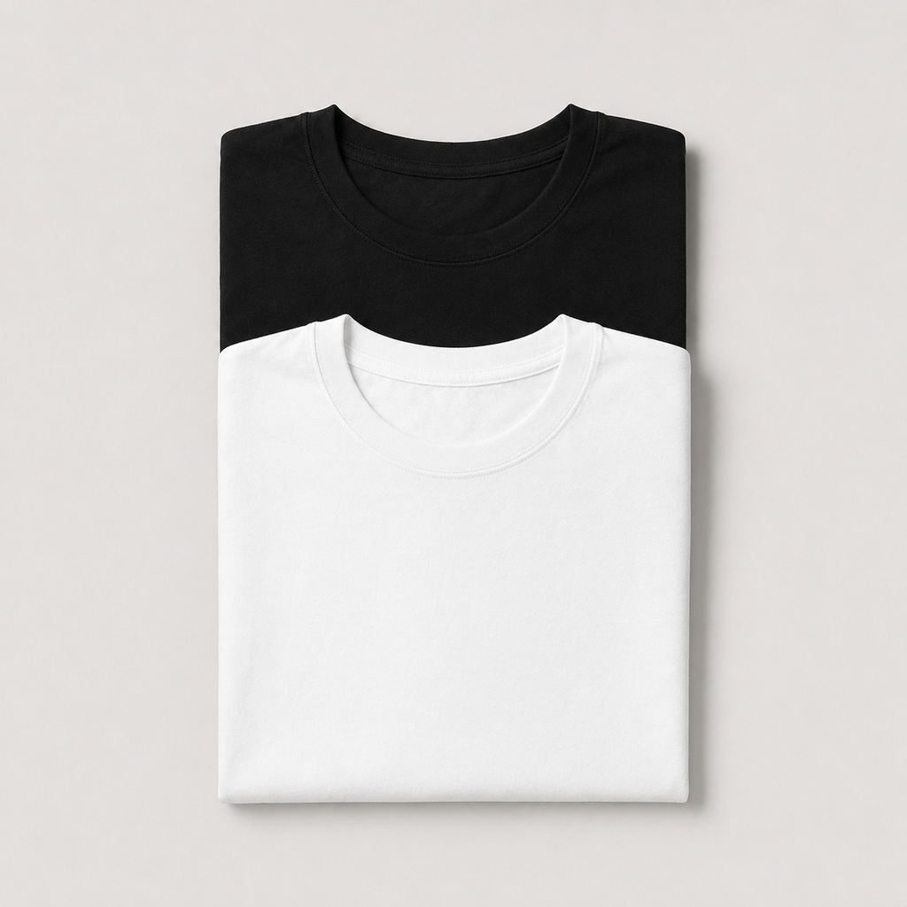 Black and white folded tees in a flat lay