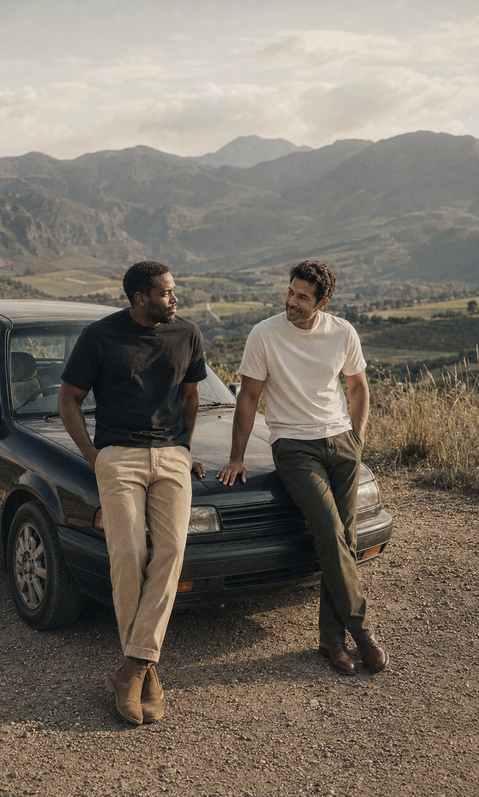 Two men wearing black and white tees beside a car