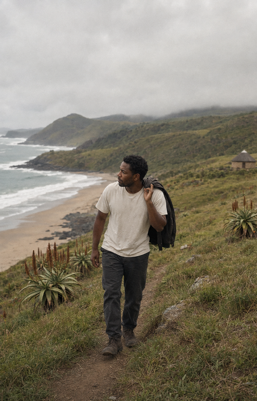 Man wearing a white tee on a coastal trail