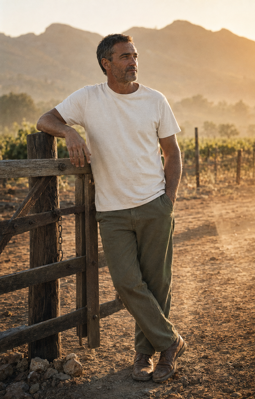 Man wearing a white tee in a rural setting
