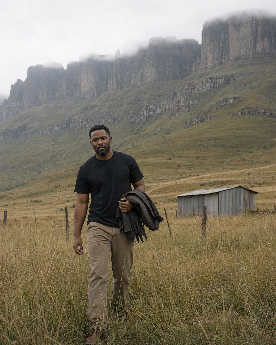 Man wearing a black tee in a field