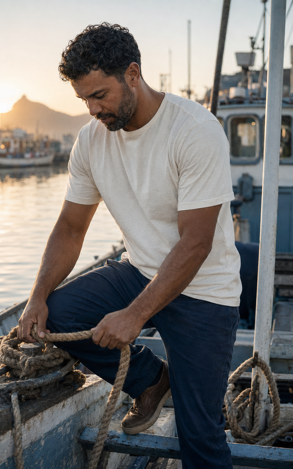 Man wearing a white tee on a working harbour