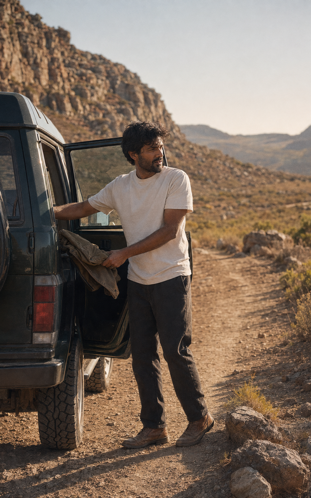 Man wearing a white tee beside a vehicle in the mountains