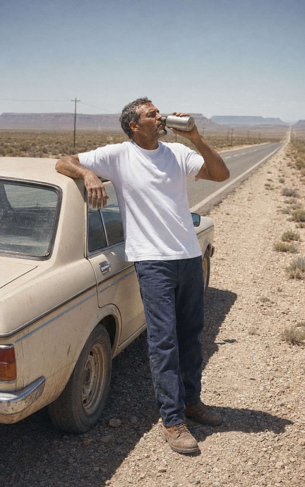 Man wearing a white tee beside an open road
